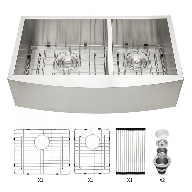 Évier de cuisine double à double cuve - Évier de cuisine en acier inoxydable 33 po x 20 po à tablier frontal encastrable à double cuve de calibre 18 avec deux cuves profondes de 9 po