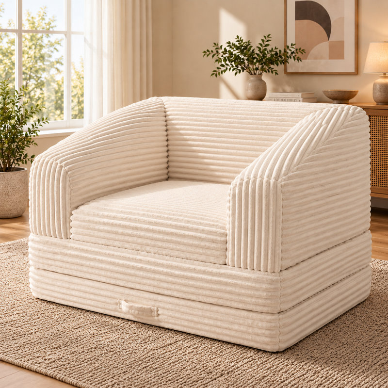 Canapé-lit convertible 3 en 1 de 178 cm (70 po) sans dossier, avec dossier extra-épais en velours côtelé et poignée de transport, idéal pour le salon et les invités.