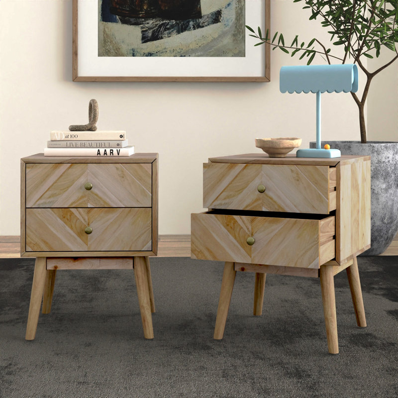Emet Semi-Assembled Solid Wood 2-Drawer Nightstand, Beige