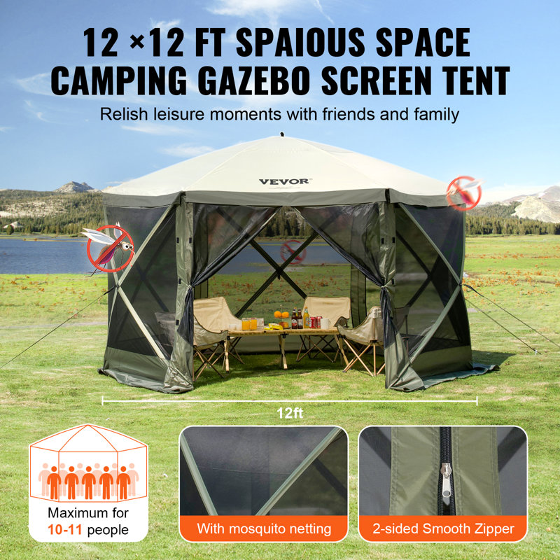 Pop Up Gazebo Tent, Pop-Up Screen Tent 6 Sided Canopy Sun Shelter with 6 Removable Privacy Wind Cloths & Mesh Windows, 12x12FT Quick Set Screen Tent with Mosquito Netting
