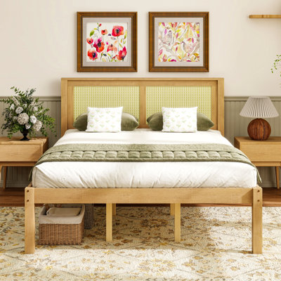 Grand lit plateforme en bois massif avec tête de lit en rotin, cadre de lit Boho de style campagnard, rangement sous le lit, aucun sommier tapissier requis, bois naturel