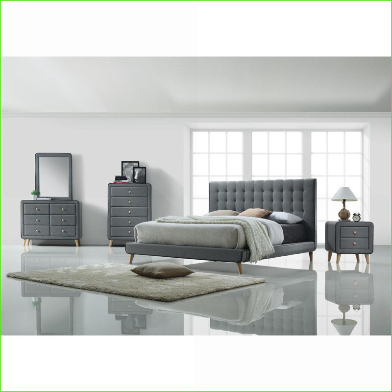 Commodes | Commode double 6 tiroirs Mid-Century gris clair | Gris clair | Bois et tissu