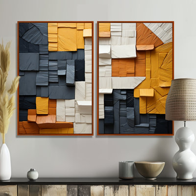 Cubic fibre jaune et gris I - Cubisme abstrait, impressions sur toile 2 pièces