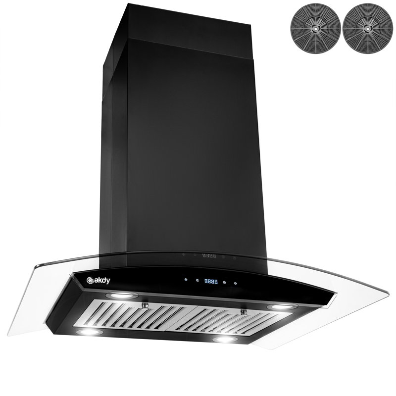 30-Inch Convertible 343 CFM Island Mount Range Hood in Black Painted Stainless Steel, Clear Curved Glass, and Carbon Filter