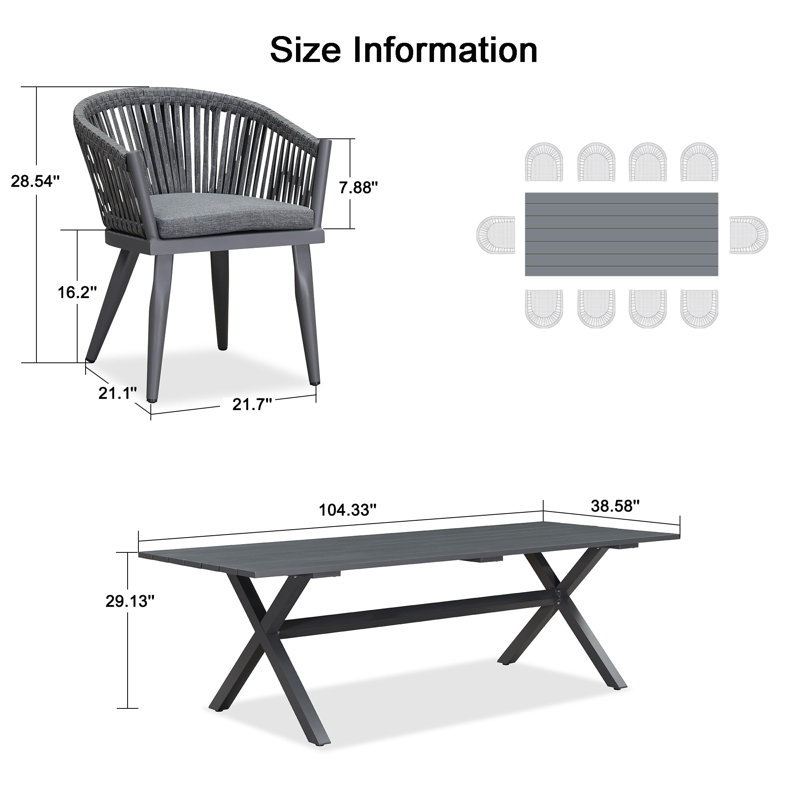 Ensemble de salle à manger d'extérieur avec table de salle à manger en aluminium et chaises en rotin de rotin Corrigan Studio® pour mobilier de jardin
