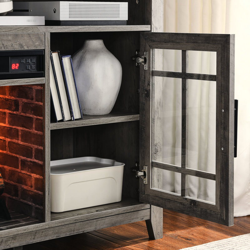 Meuble télé 55 po avec foyer électrique. Débit de chaleur de 1500 W, gris délavé. Effet de flamme réaliste. Double protection. Chauffe-câbles, maintient le confort de la pièce. 21 Design pour économiser de l'espace.