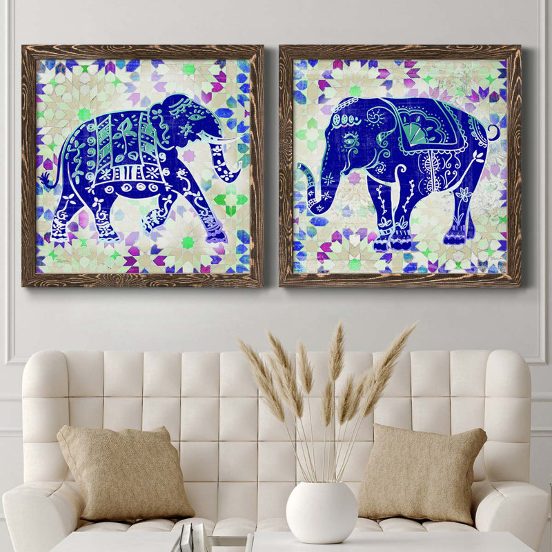 «Painted Elephant I», ensemble de 2 peintures sur toile encadrées, H 27,5 po x l 55 po x P 1,5 po, Érable encadré