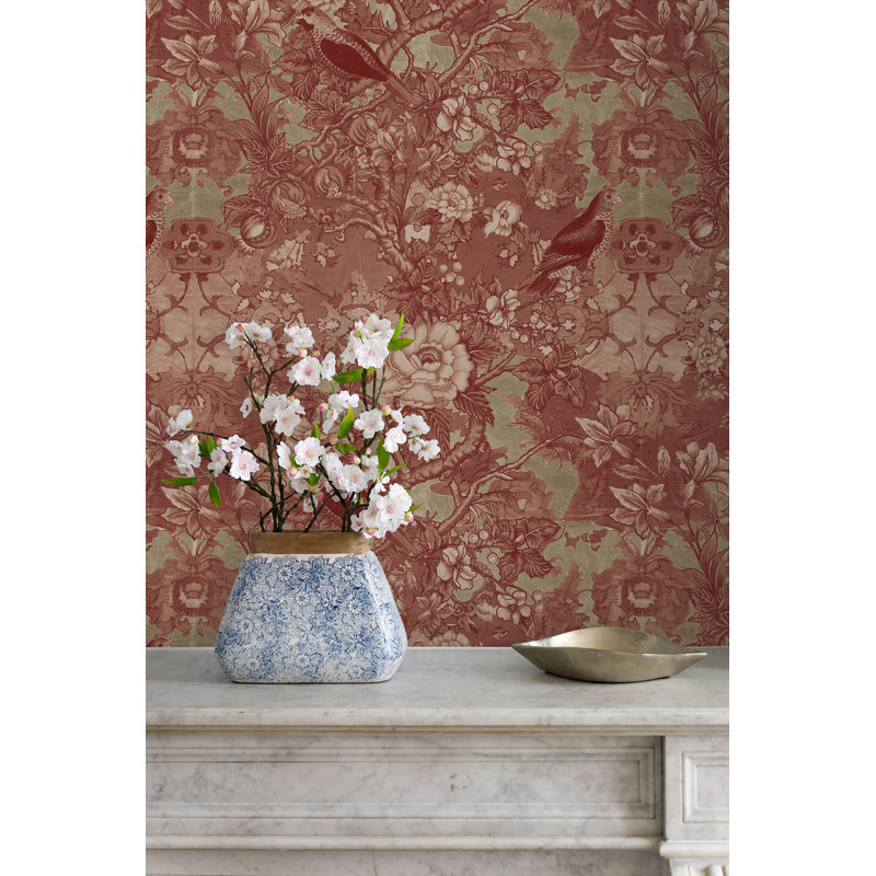 Garden Delight 33' L x 20.5" W Wallpaper Roll, Brick Red/Green Ochre