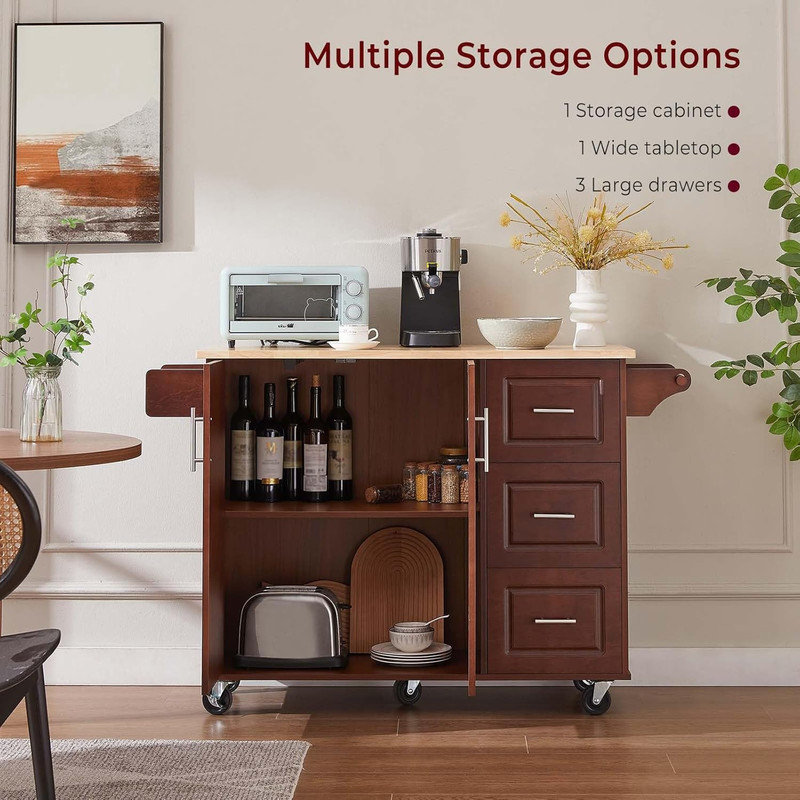 54" Rolling Kitchen Island Cart with Storage - Folding Drop-Leaf Breakfast Bar, 3 Drawers, Spice & Towel Racks - Wooden Cabinet Cart with Shelves