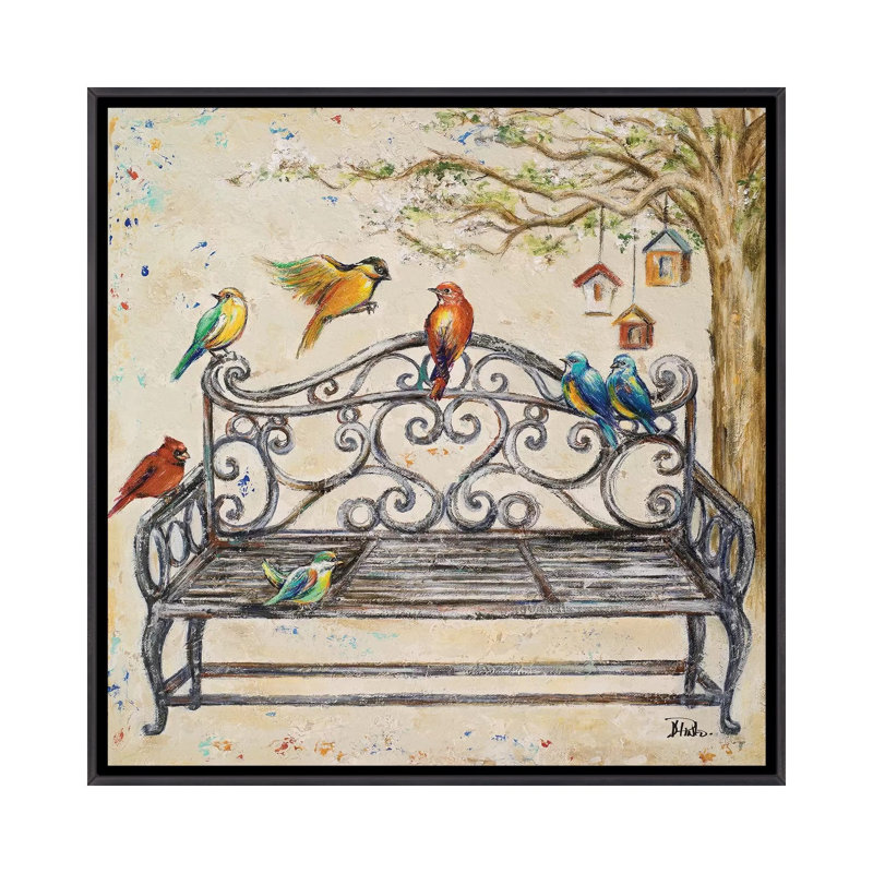 "Birds on the Bench" par Patricia Pinto, impression, Pas de tapis, H 37 po x l 37 po x P 1,5 po, Toile avec cadre noir patiné