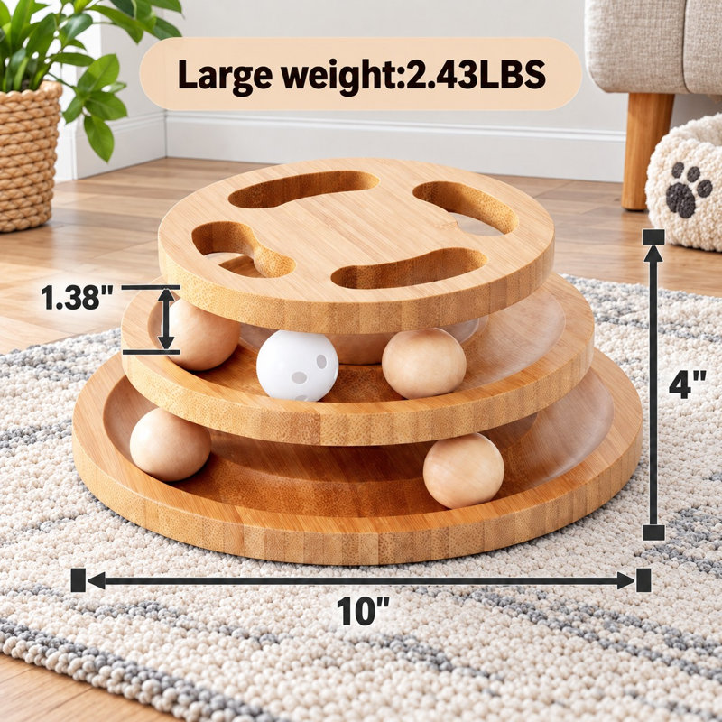 Tour à balles en bois pour chats d'intérieur, avec plateau casse-tête et balles tournantes, conçu pour le jeu autonome, l'exercice, la stimulation mentale et l'enrichissement du foyer.