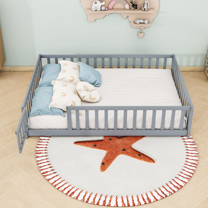 Wood Floor Bed With Fence, Gray, Full