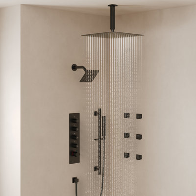 Ceiling Mount 16" High-Pressure Rainfall Shower Faucet, Dual Rainfall Shower Head System with Thermostatic Valve