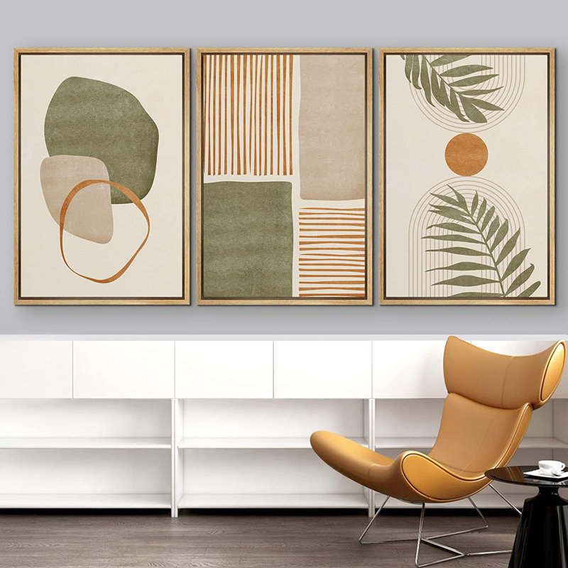 Mid Century Modern Boho Organic Tropical Leaf Abstract  Framed Canvas 3 Pieces Print Wall Art, Natural