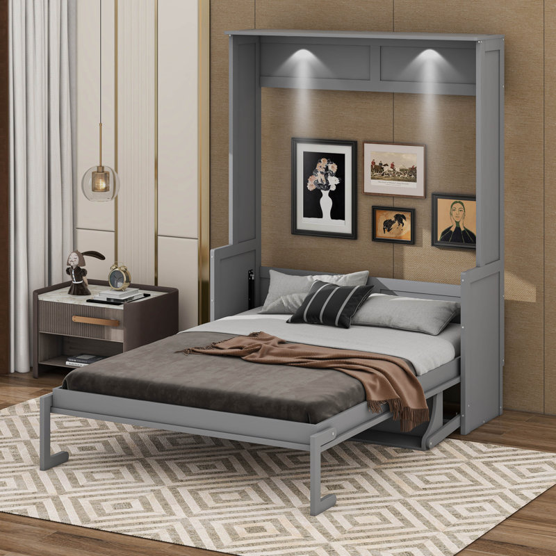 Queen Size Murphy Bed With Desk, Hideaway Wall Bed With LED Lights And USB Charging Station, Gray