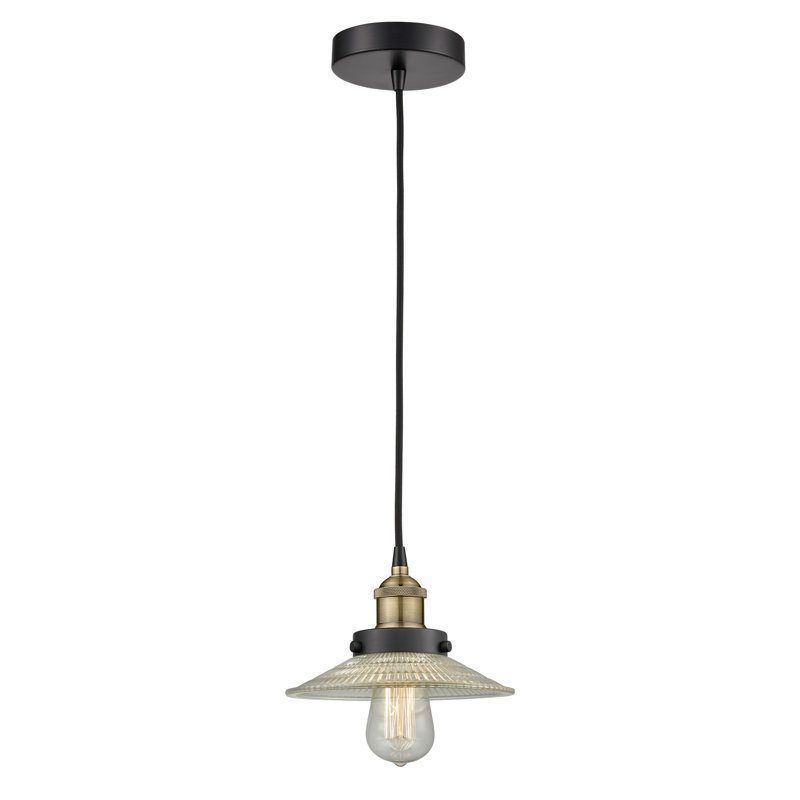 Luminaire suspendu conique à 1 lumière Cahaba, Halophane transparent, Laiton antique noir