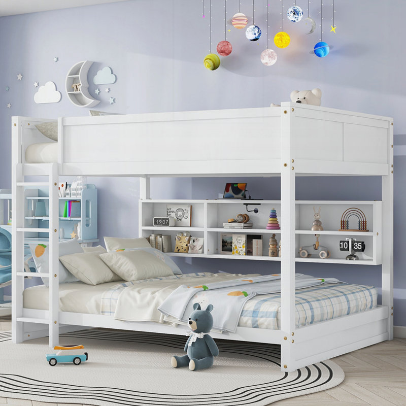 Queen Over Queen Bed With Built-In Storage Cabinets, White