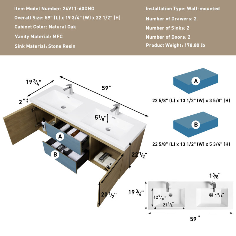 Meuble-lavabo flottant 60 po avec résine d'évier et tiroir, Chêne