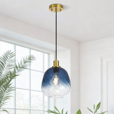 Luminaire suspendu simple en verre torsadé à motif de citrouille Berngar, dia 9,4 po x H 9,4 po, base E26