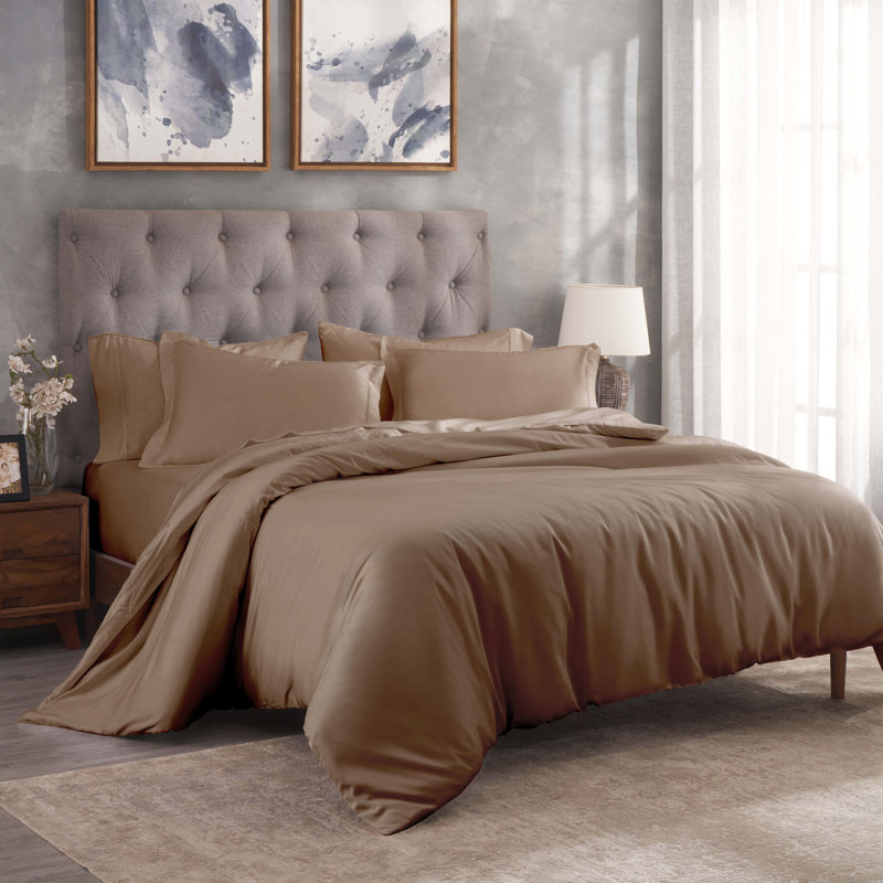 Ensemble de housse de couette unie en mélange de coton égyptien 300 fils avec taies décoratives, Taupe