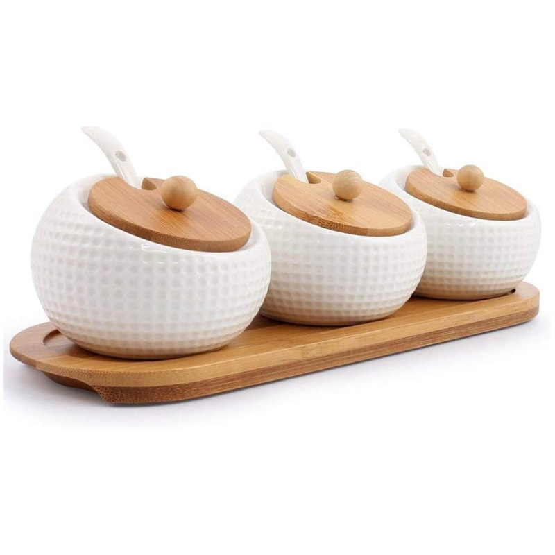 Porcelain Condiment Jar Spice Container With Lids - Bamboo Cap Holder Spot, Ceramic Serving Spoon, Wooden Tray Best Pottery Cruet Pot For Your Home, Kitchen, Counter. White,170 ML   Set Of 3