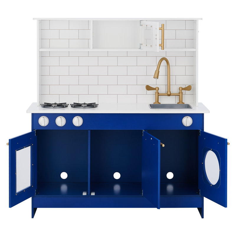 Teamson Kids Little Chef Berlin Wooden Play Kitchen with Gold Hardware, Accessories & Subway Tile Backsplash, White/Blue/Gold