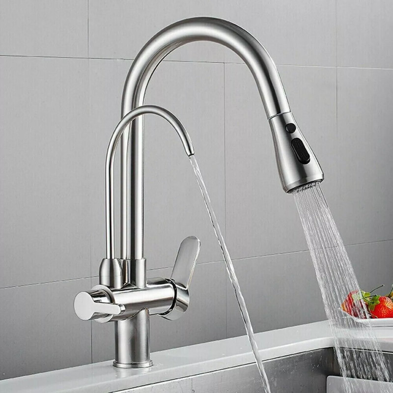 Robinet d'évier de cuisine tactile avec douchette rétractable 2 poignées 3 en 1, purificateur de filtre à eau, robinet d'eau en laiton à osmose inversée