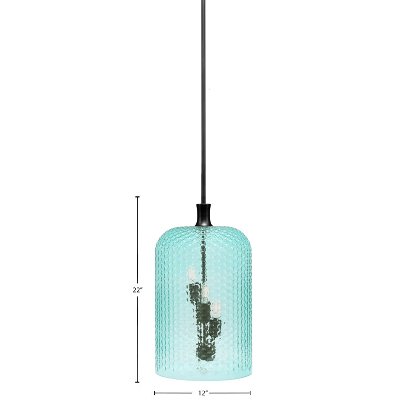 Luminaire suspendu en forme de tige 3 lumières avec verre, Bleu sarcelle, Noir mat