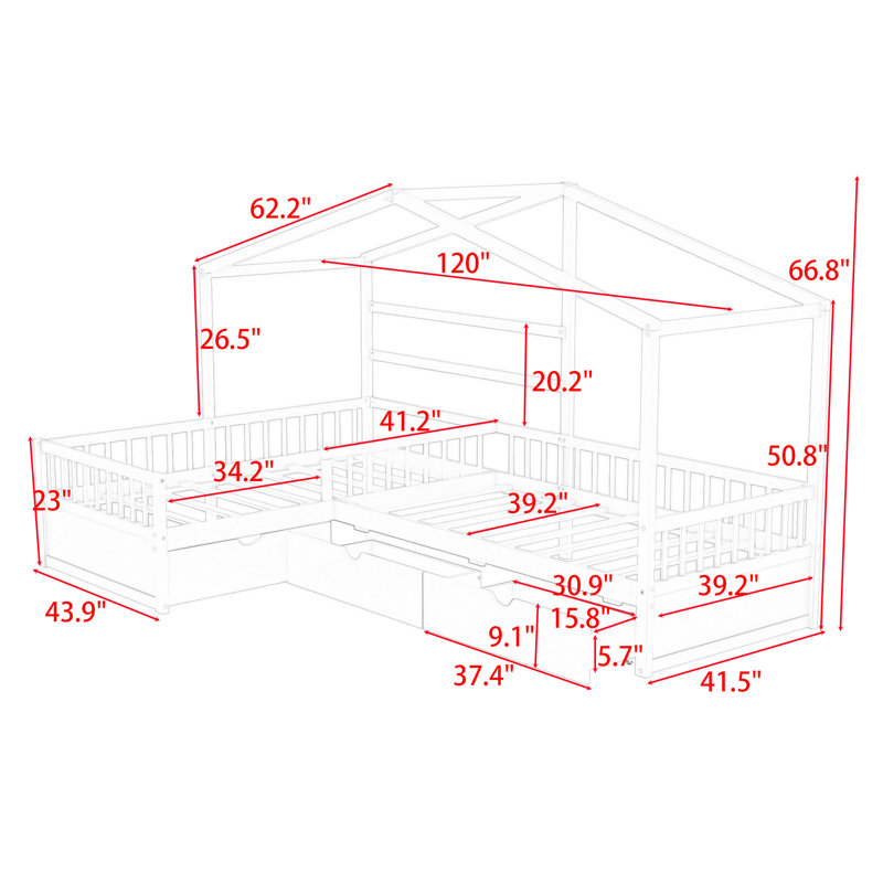 Lit plateforme simple avec 3 tiroirs Carnstroan, gris