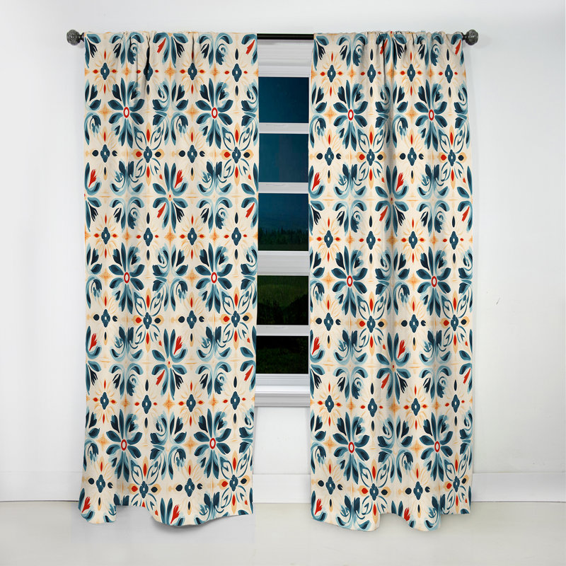 Rideau damassé marocain beige et bleu à motif damas abstrait - 1 panneau, L 52 po x L 108 po