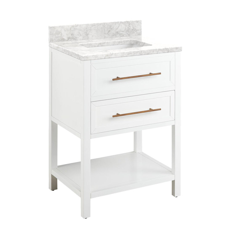 24" Robertson Single Bathroom Vanity Set with Rectangular Undermount Sink, No Drillings, Carrara Marble, White