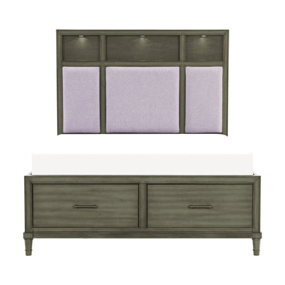 Lit plateforme grand gris avec tiroirs de rangement et tête de lit tapissier avec ports USB et lumières DEL de style transitionnel