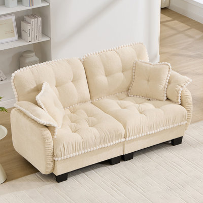 Chenille Cloud Loveseat Sofa with 4 Pillows, Pom-Pom Trim Quilted Tufted Cushion Ergonomic Design, Easy Assembly Deep Seat Couch for Living Room Office Apartment,Cream Beige
