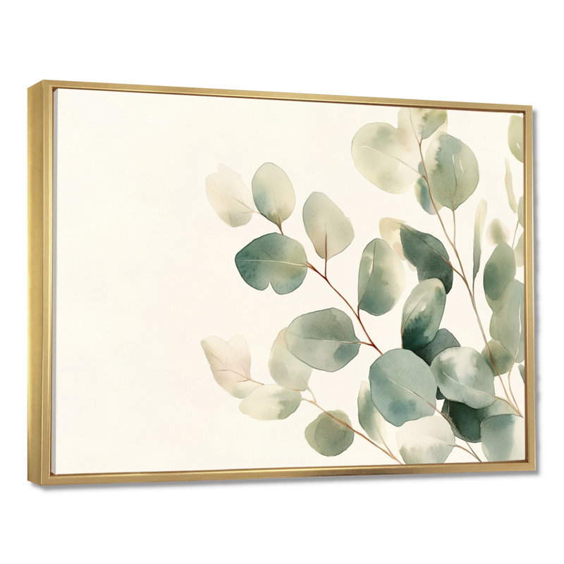 «Blush Eucalyptus Glow II - Green Greenery», reproduction d'art, H 30 po x l 40 po, Cadre flottant doré
