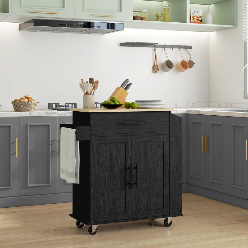 Rolling Kitchen Island With Ac Outlets And , Storage, Microwave Stand Towel & Spice Rack, Black Storage Ports, Cart,