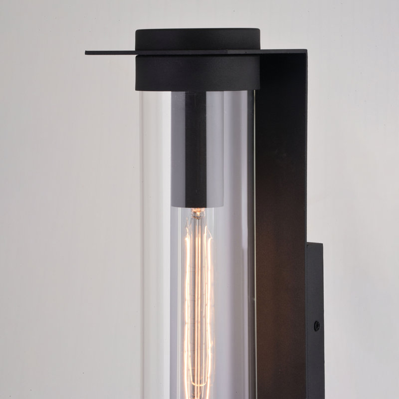 18 in. H 1-Light Textured Black Contemporary Outdoor Wall Sconce made of Durable Metal, Clear Glass Shade, LED Compatible, Use for Exterior Porch Patio Front Door or Garage