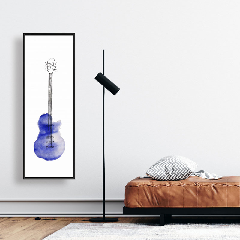 Toile bleue avec guitare rétro | Art musical encadré pour le salon, H 49,25 po x l 17,25 po