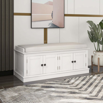 Storage Bench with 4 Doors and Adjustable Shelves, Shoe Bench with Removable Cushion for Living Room, Entryway