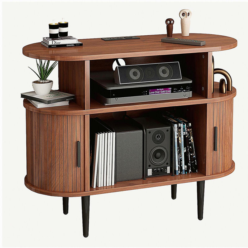 Large Round Record Player Stand with Charging Station & USB Ports, Record Storage Cabinet, Mid Century Modern Turntable Stand for Bedroom Living Room (WALNUT)