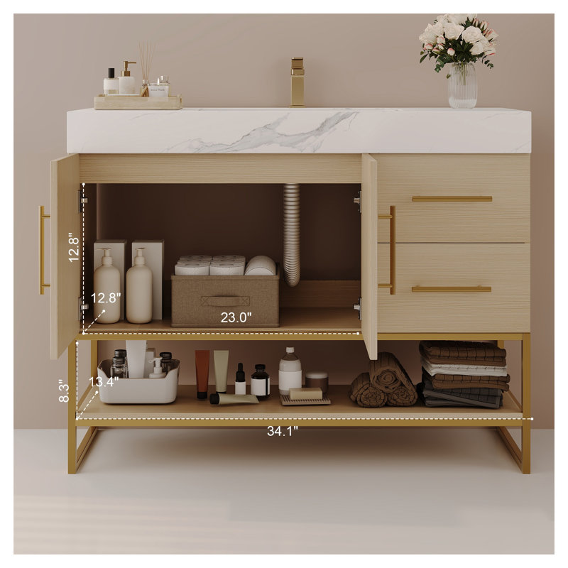 Meuble-lavabo moderne de 36 po avec plateau en pierre frittée, lavabo en céramique sans couture et meuble autoportant à décor doré