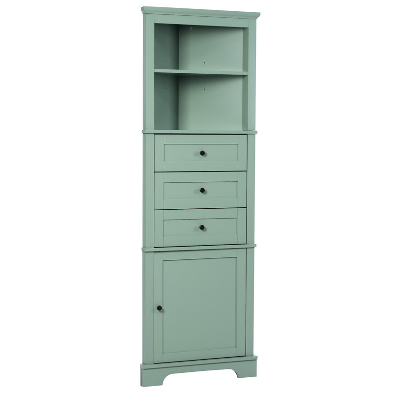 Grande armoire triangulaire verte avec 3 tiroirs et tablettes réglables pour la salle de bain, Vert