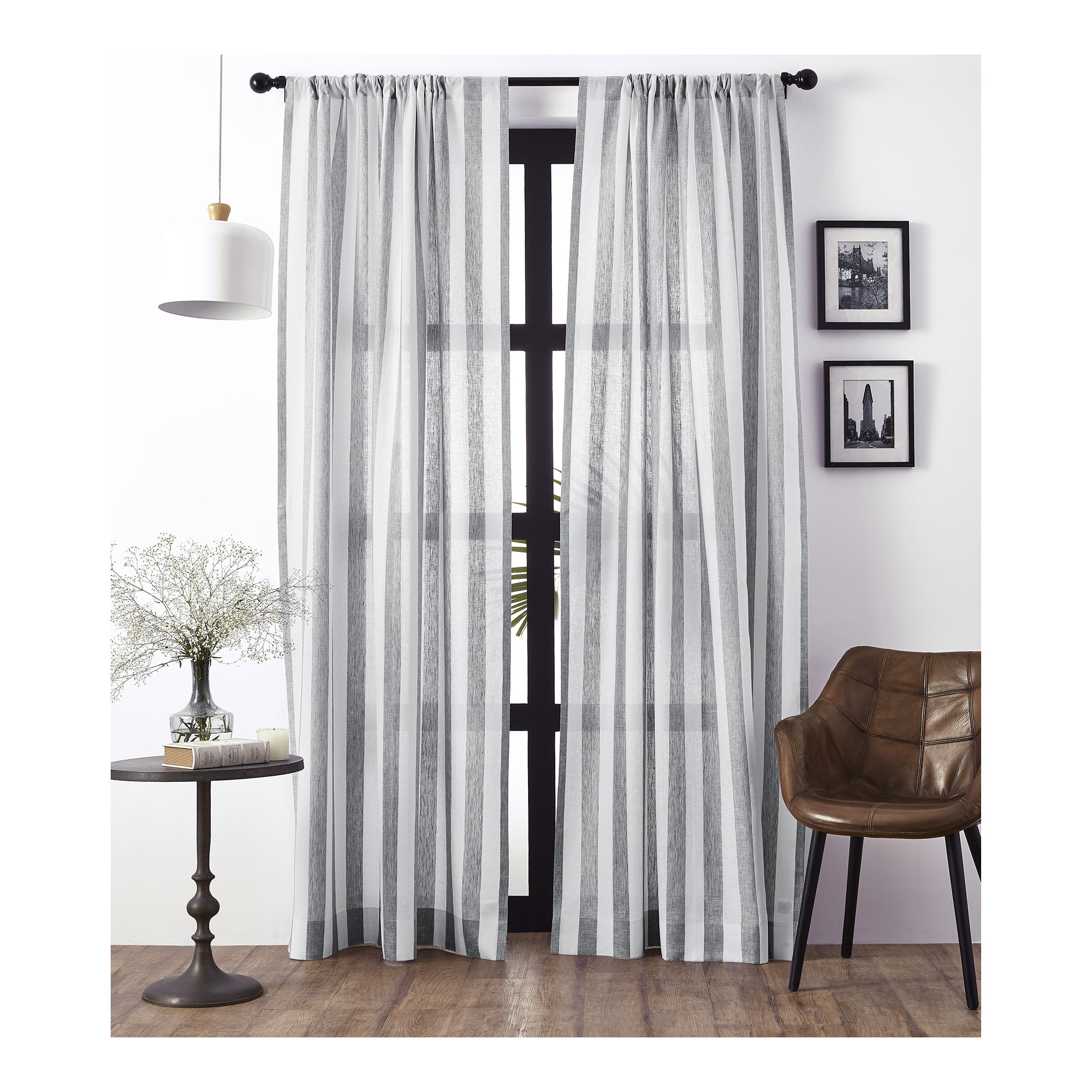  Stripe - 100% Pure Linen Curtain, Grey and White, 52" W x 96" L