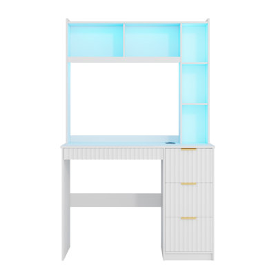 4-Drawer Computer Desk with Bookshelves and Led Lighting, Home Office Desk with Charging Station