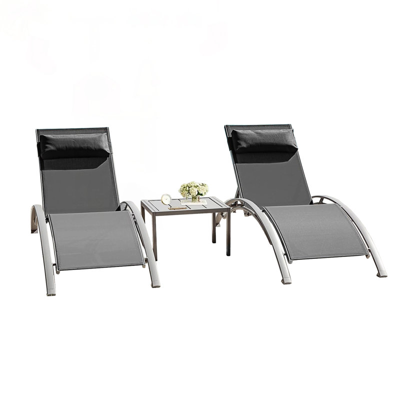 Ensemble de 3 chaises longues en aluminium durables avec table, conception ergonomique et 5 positions réglables, Gris foncé