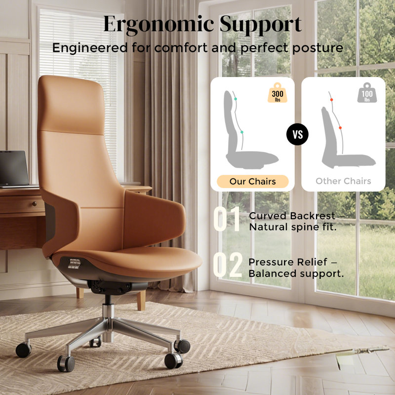 Genuine Leather Executive Chair, Swivel Ergonomic Office Chair, Home Desk Chair with Tilt Reclining, Aluminum Base, Adjustable Height, Adjustable Seat Depth
