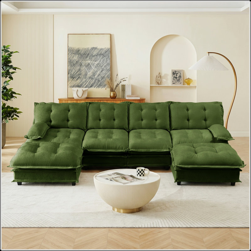 Upholstered Chenille U-Shaped Sectional with Ottoman, Green Chenille, 35.4" H x 138.5" W x 60.1" D