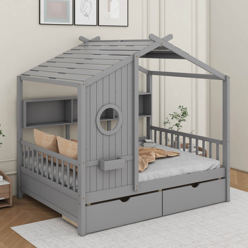 Lit double pleine grandeur avec tiroirs, gris