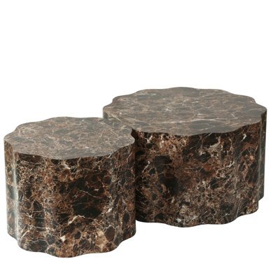 Set of 2 Round Coffee Tables with Faux Travertine Walnut Marble Top, Modern Minimalist Side Tables Accent End Table for Living Room, Apartment, Office