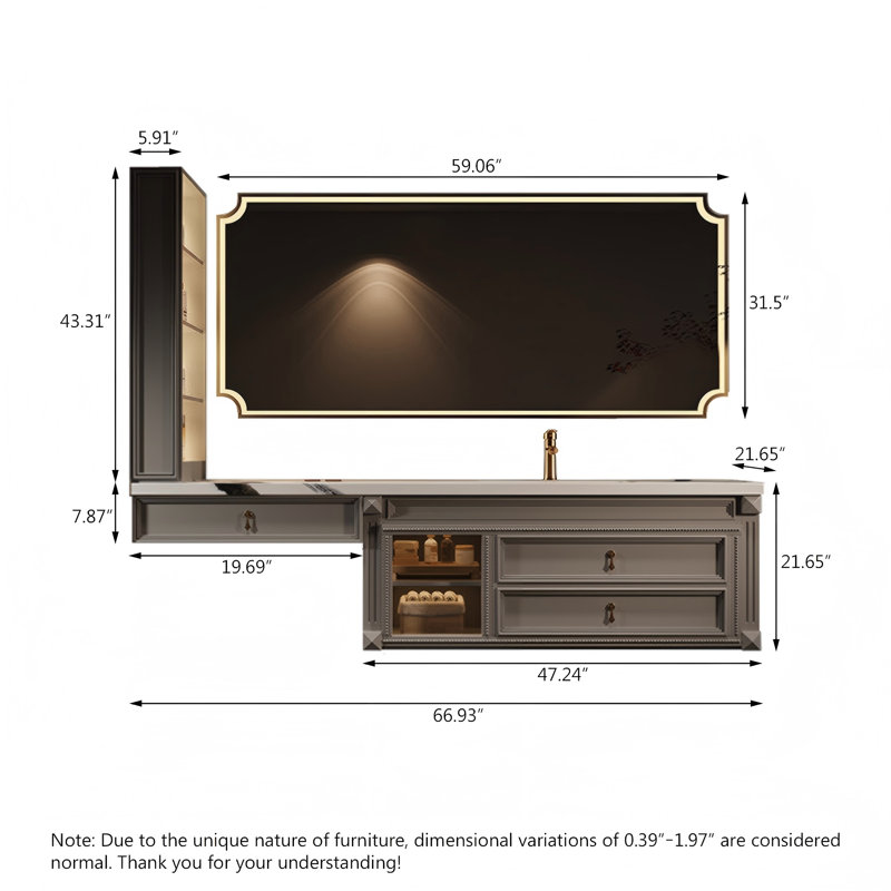 Meuble-lavabo de salle de bain mural en bois d'hévéa massif 66,93 po avec miroir intelligent et armoire d'appoint, 67"