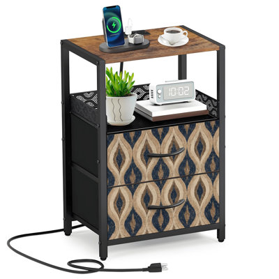 Table de chevet 2 tiroirs en tissu avec station de charge Table de chevet rétro à vagues géométriques bleu marine et brun avec ports ouverts et prises USB